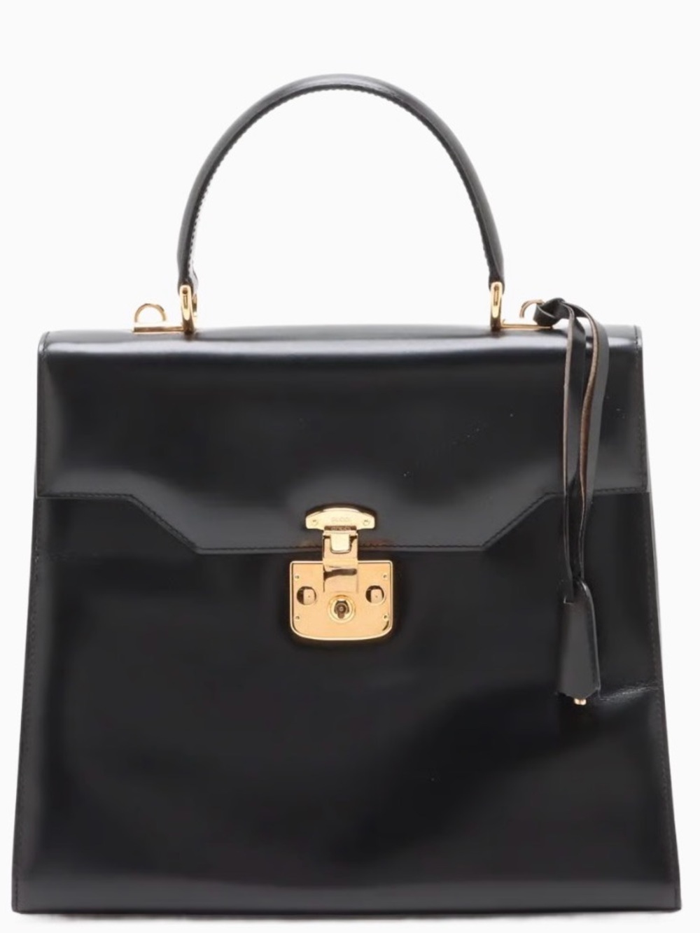 GUCCI Vintage Lady Lock Top Handle Black Leather Bag, Red Interior